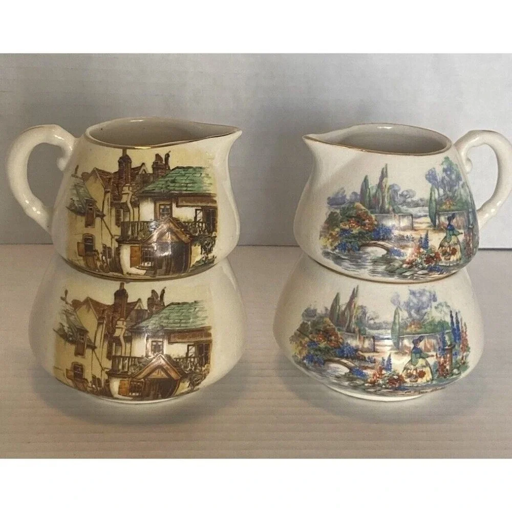 2 Sugar bowl Creamer Set Lancaster Sandland English Ware Hanley England Stacking